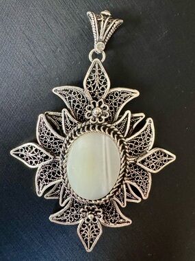 Turkey Sterling Silver Filigree Pendant with Mother of Pearl Cabochon - 2 3/4”